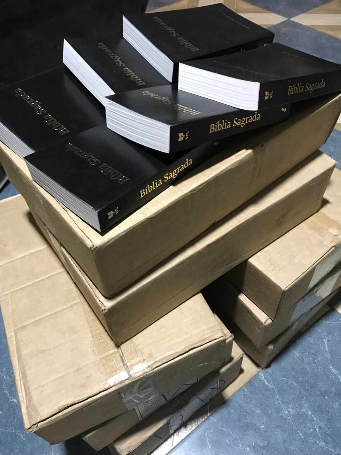 Stacks of Portuguese Bibles ready to be distributed to churches and new believers