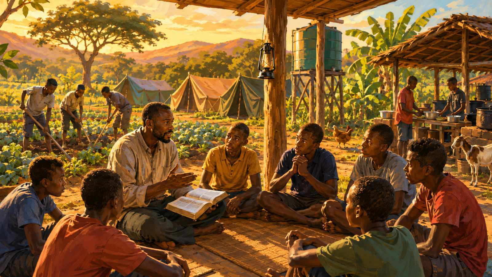 Illustration of a leader teaching young men from the Bible at a discipleship camp on the farm