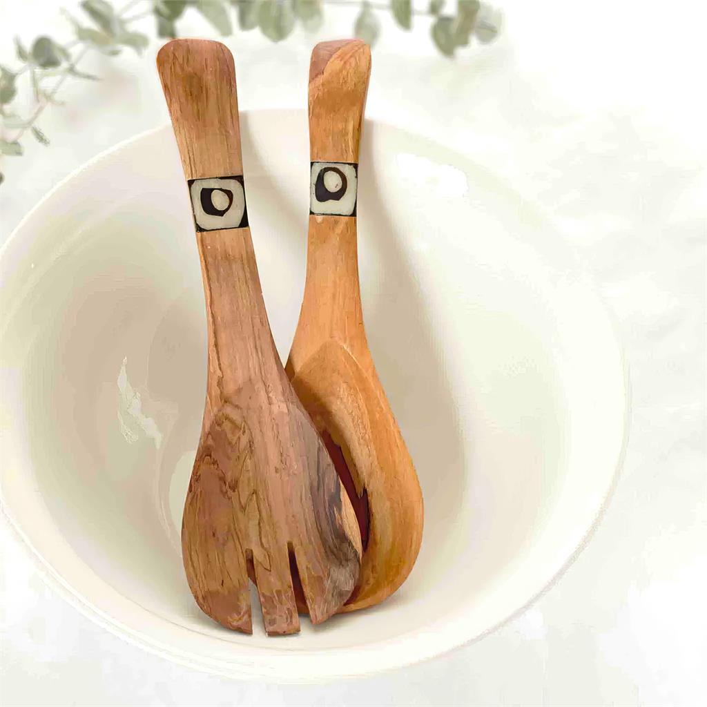 Hand-carved Olive Wood Serving Spoon Set with Batik Inlay