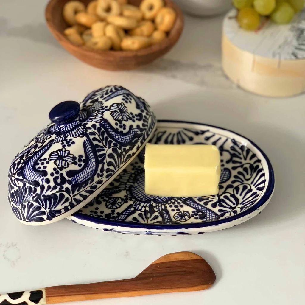 Handmade Pottery Butter Dish, Blue Flower