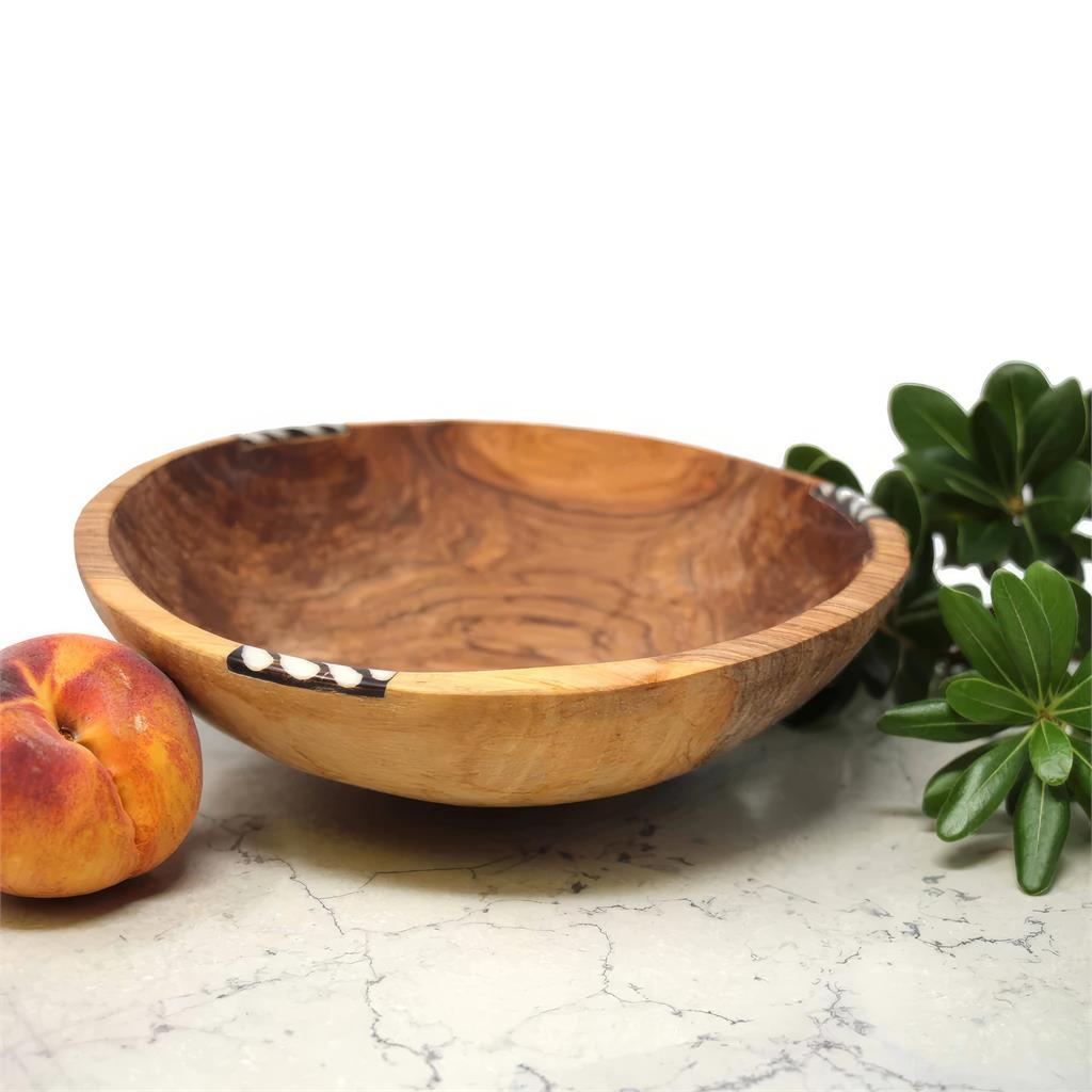 Hand-carved Olive Wood Bowl with Batik Inlay