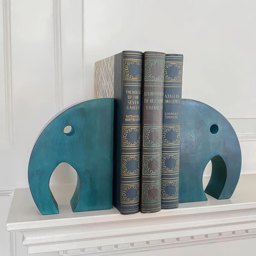 Teal Elephant Book Ends, Carved Gorara Soapstone